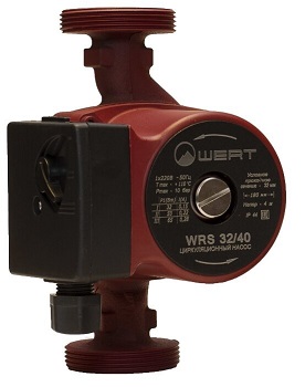 Насос WERT WRS 32/40 WRS3240 служит для бесперебойной циркуляции теплоносителя в системе отопления частного дома. Отличается малошумностью при работе. 
Корпус насоса изготовлен из чугуна, который отлично взаимодействует с водой высоких температур. 
Во в